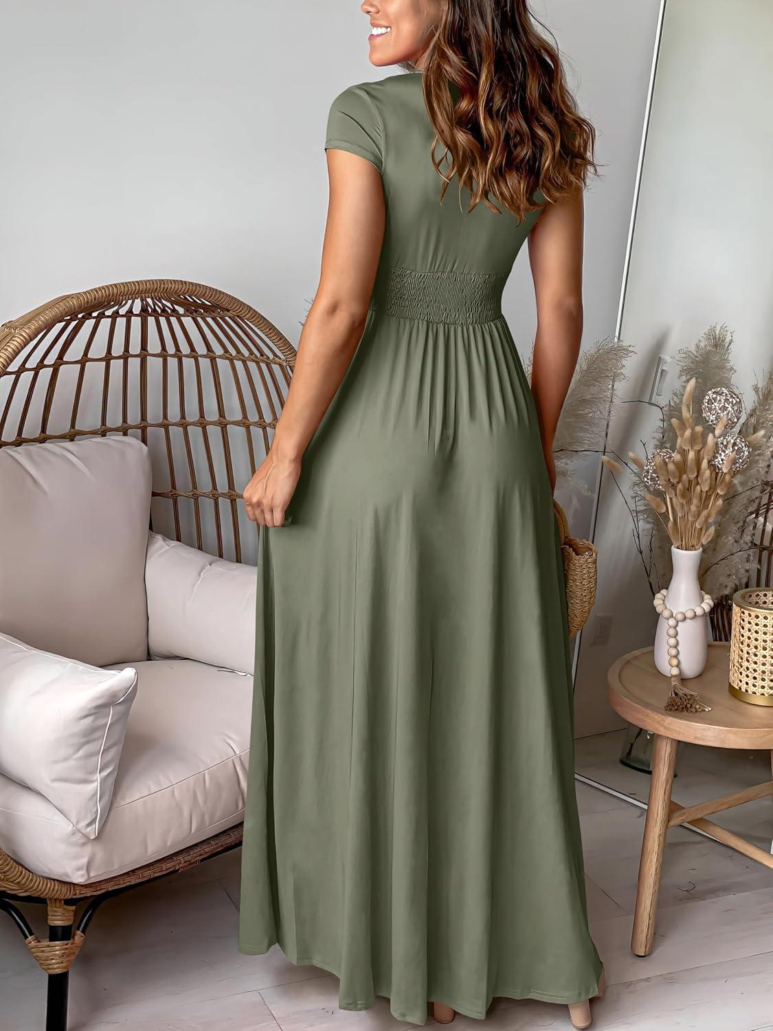 imageANRABESS Women Summer Deep V Neck Short Sleeve Dresses Slit Elegant Wedding Guest Formal Cocktail Evening Maxi Long DressShort Sleeve Army Green