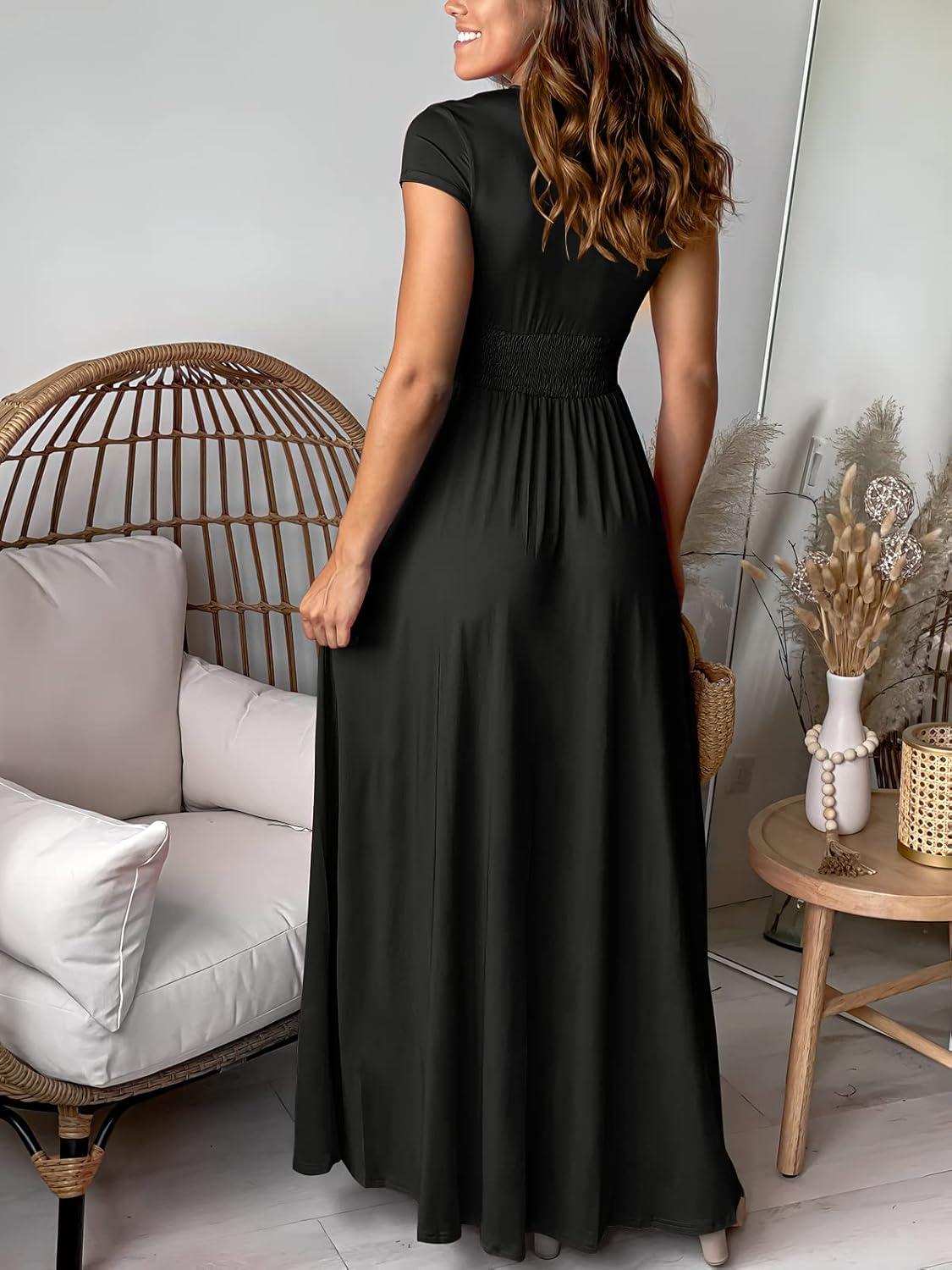 imageANRABESS Women Summer Deep V Neck Short Sleeve Dresses Slit Elegant Wedding Guest Formal Cocktail Evening Maxi Long DressShort Sleeve Black