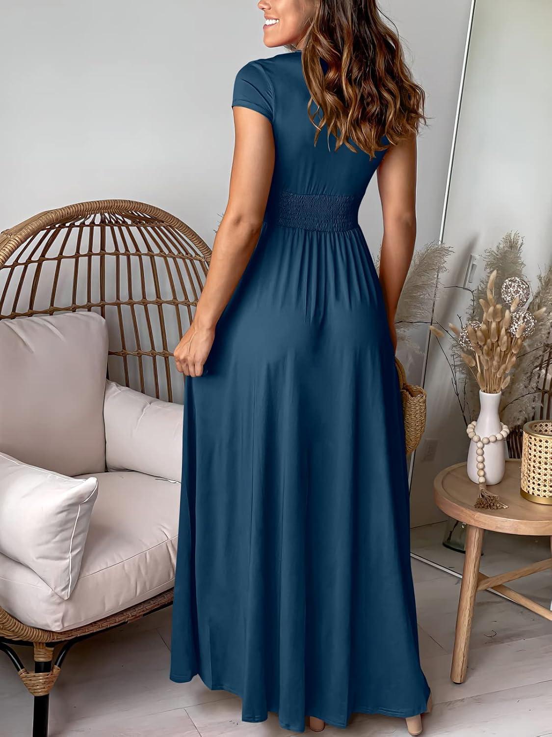 imageANRABESS Women Summer Deep V Neck Short Sleeve Dresses Slit Elegant Wedding Guest Formal Cocktail Evening Maxi Long DressShort Sleeve Deep Blue