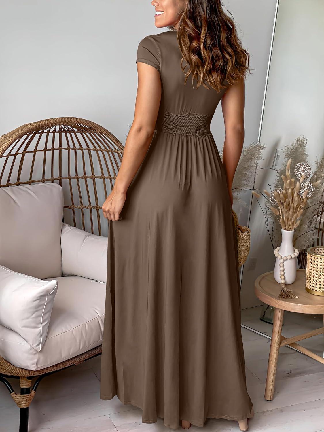 imageANRABESS Women Summer Deep V Neck Short Sleeve Dresses Slit Elegant Wedding Guest Formal Cocktail Evening Maxi Long DressShort Sleeve Khaki