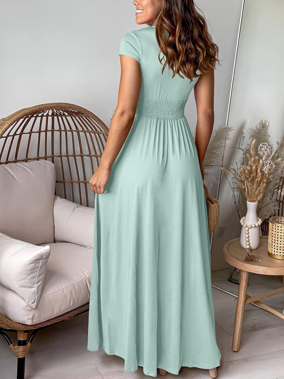 imageANRABESS Women Summer Deep V Neck Short Sleeve Dresses Slit Elegant Wedding Guest Formal Cocktail Evening Maxi Long DressShort Sleeve Light Blue