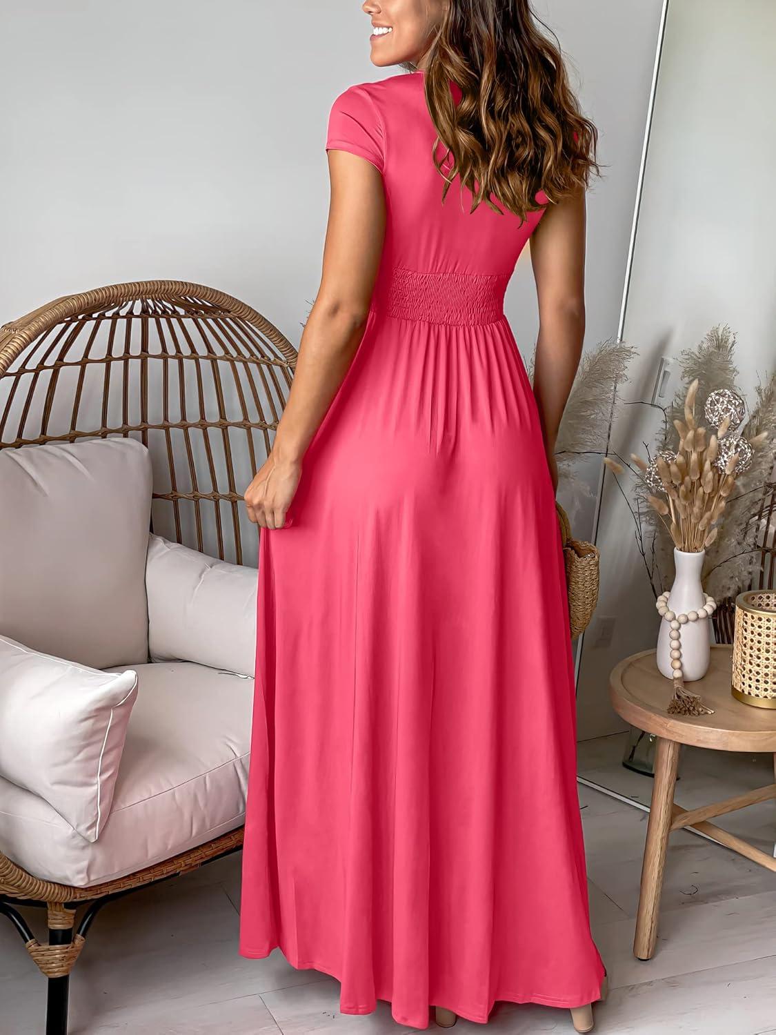 imageANRABESS Women Summer Deep V Neck Short Sleeve Dresses Slit Elegant Wedding Guest Formal Cocktail Evening Maxi Long DressShort Sleeve Pink