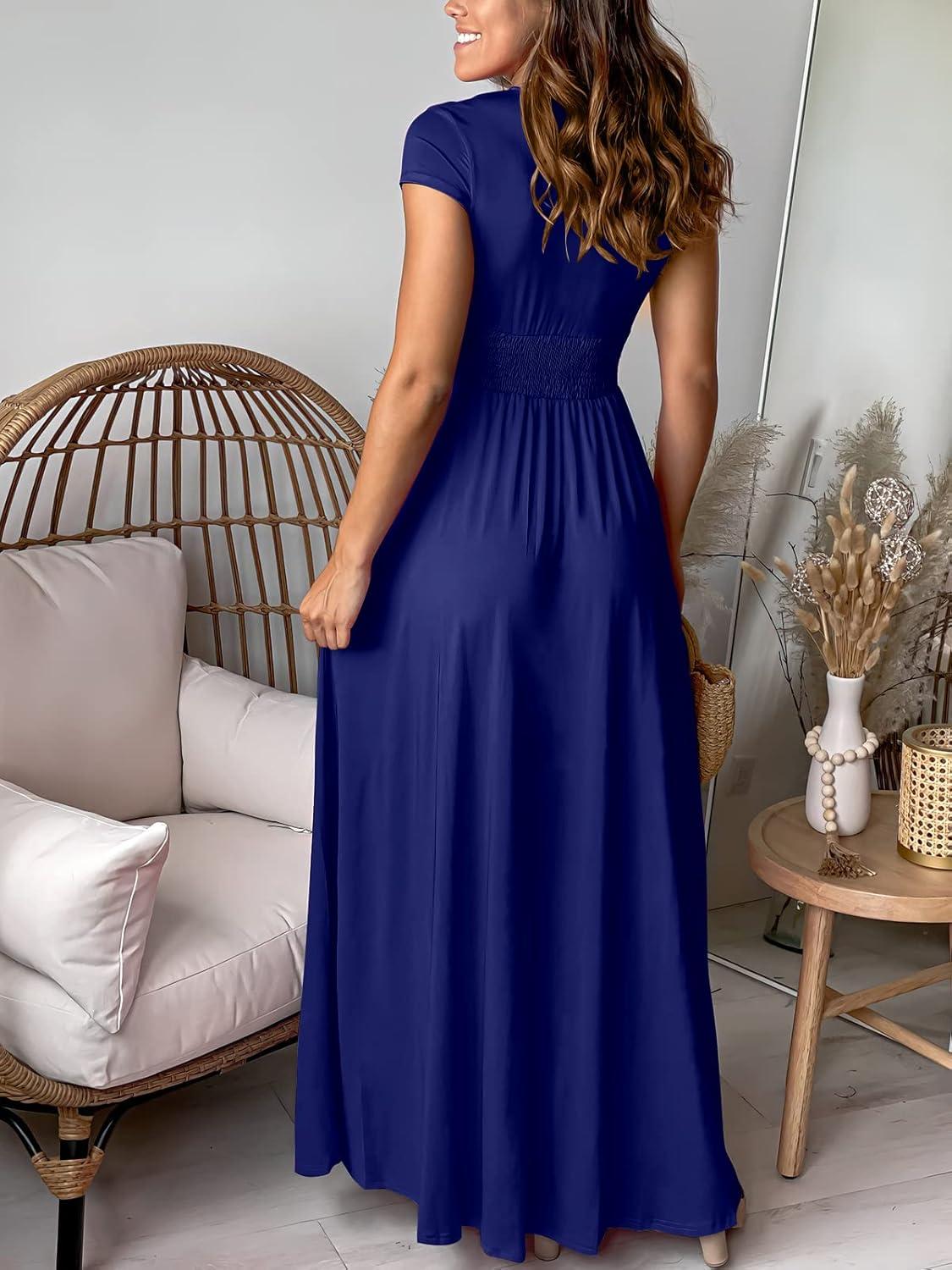 imageANRABESS Women Summer Deep V Neck Short Sleeve Dresses Slit Elegant Wedding Guest Formal Cocktail Evening Maxi Long DressShort Sleeve Royal Blue
