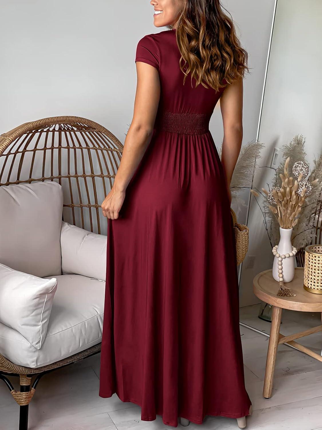 imageANRABESS Women Summer Deep V Neck Short Sleeve Dresses Slit Elegant Wedding Guest Formal Cocktail Evening Maxi Long DressShort Sleeve Wine Red