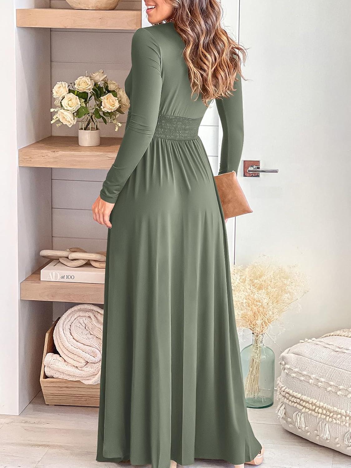 imageANRABESS Women Summer Deep V Neck Short Sleeve Dresses Slit Elegant Wedding Guest Formal Cocktail Evening Maxi Long DressZlong Sleeve Army Green