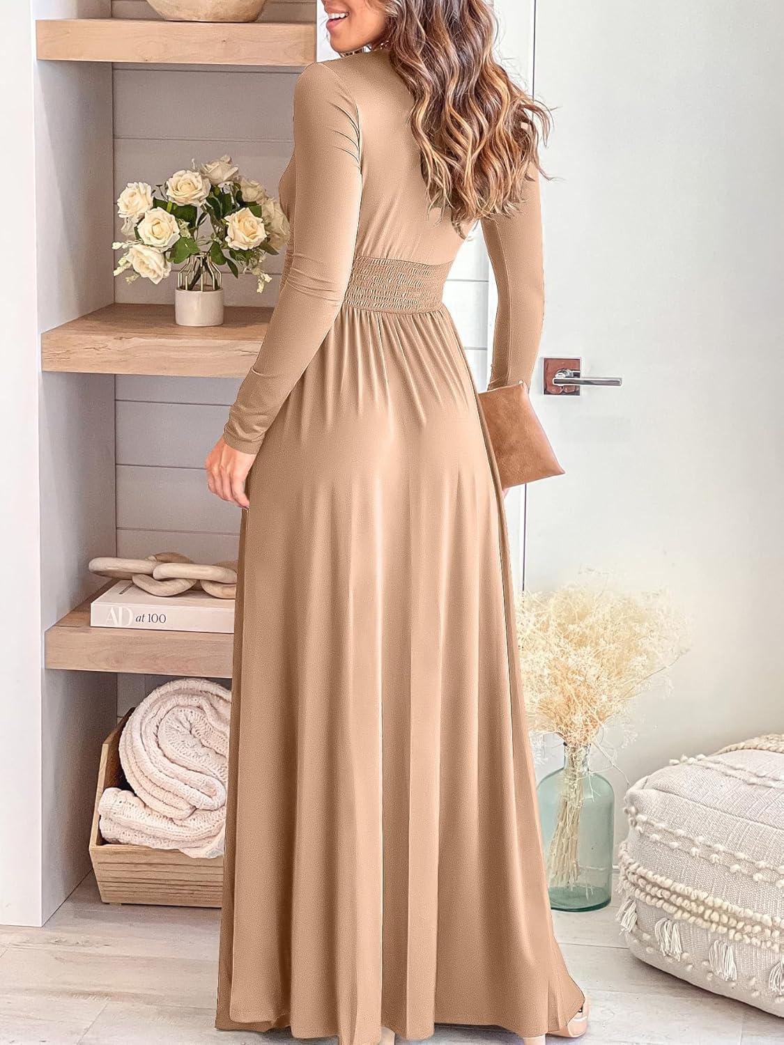 imageANRABESS Women Summer Deep V Neck Short Sleeve Dresses Slit Elegant Wedding Guest Formal Cocktail Evening Maxi Long DressZlong Sleeve Beige Apricot