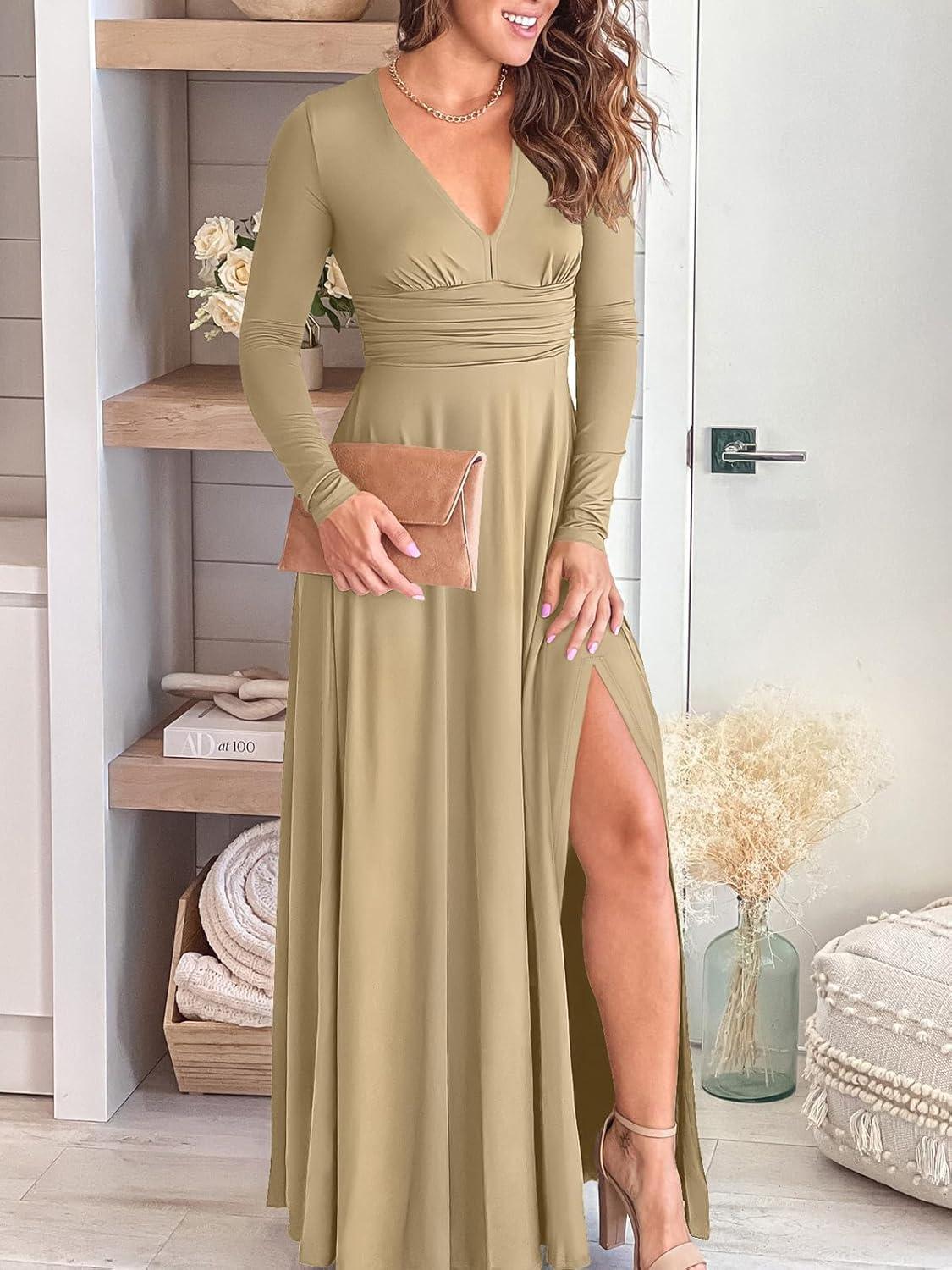 imageANRABESS Women Summer Deep V Neck Short Sleeve Dresses Slit Elegant Wedding Guest Formal Cocktail Evening Maxi Long DressZlong Sleeve Beige Apricot