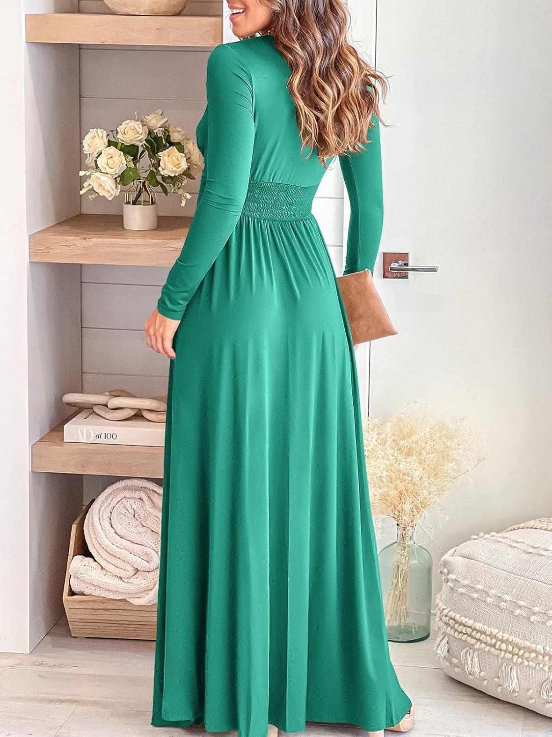 imageANRABESS Women Summer Deep V Neck Short Sleeve Dresses Slit Elegant Wedding Guest Formal Cocktail Evening Maxi Long DressZlong Sleeve Blue Green