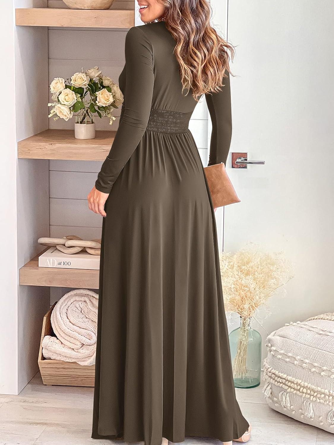 imageANRABESS Women Summer Deep V Neck Short Sleeve Dresses Slit Elegant Wedding Guest Formal Cocktail Evening Maxi Long DressZlong Sleeve Brown
