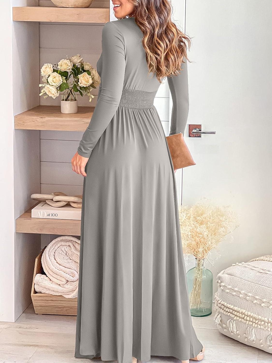 imageANRABESS Women Summer Deep V Neck Short Sleeve Dresses Slit Elegant Wedding Guest Formal Cocktail Evening Maxi Long DressZlong Sleeve Gray