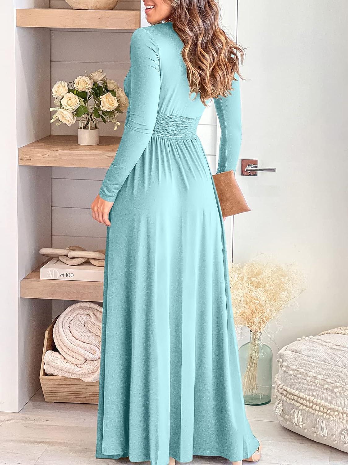 imageANRABESS Women Summer Deep V Neck Short Sleeve Dresses Slit Elegant Wedding Guest Formal Cocktail Evening Maxi Long DressZlong Sleeve Light Blue