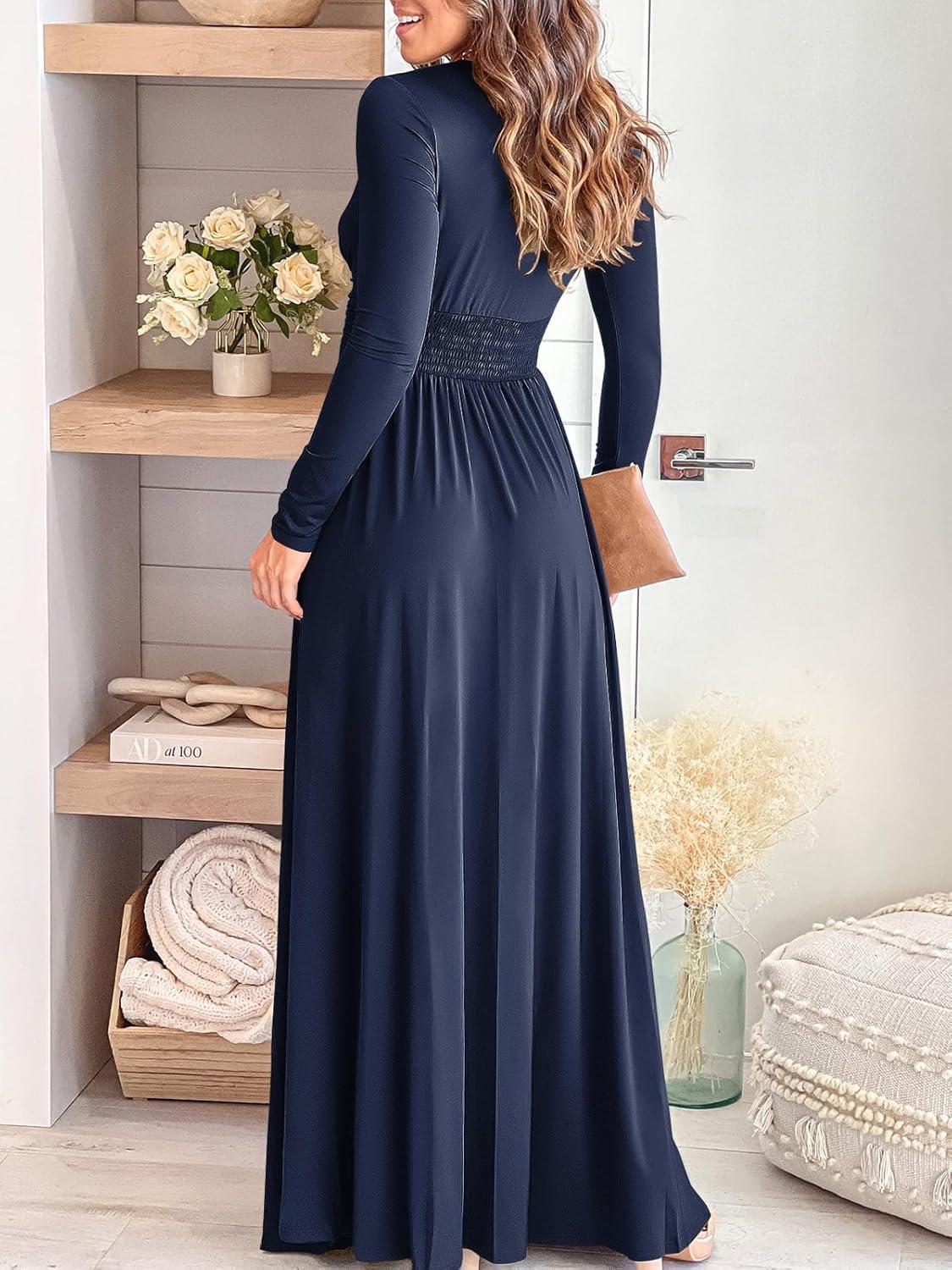 imageANRABESS Women Summer Deep V Neck Short Sleeve Dresses Slit Elegant Wedding Guest Formal Cocktail Evening Maxi Long DressZlong Sleeve Navy Blue