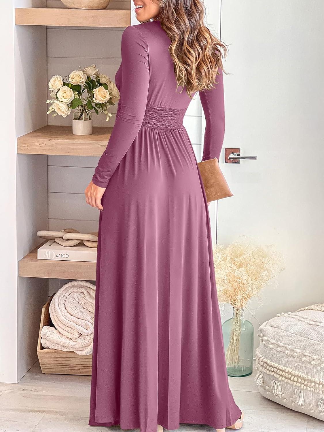 imageANRABESS Women Summer Deep V Neck Short Sleeve Dresses Slit Elegant Wedding Guest Formal Cocktail Evening Maxi Long DressZlong Sleeve Pink
