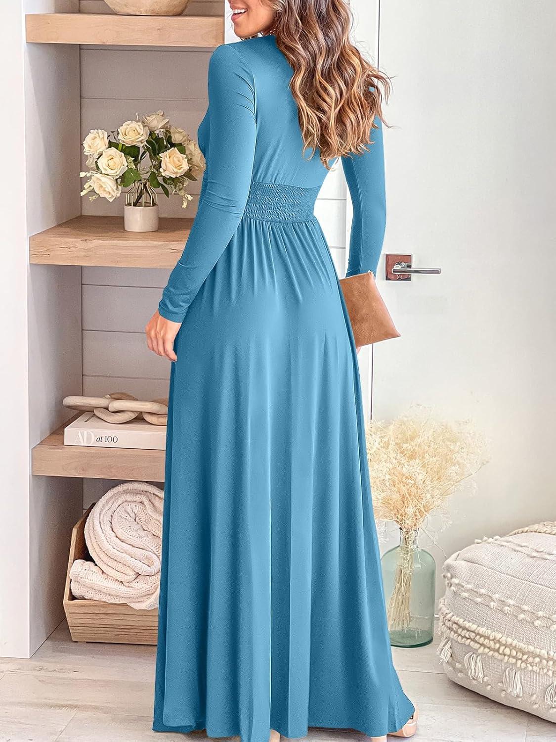 imageANRABESS Women Summer Deep V Neck Short Sleeve Dresses Slit Elegant Wedding Guest Formal Cocktail Evening Maxi Long DressZlong Sleeve Sky Blue