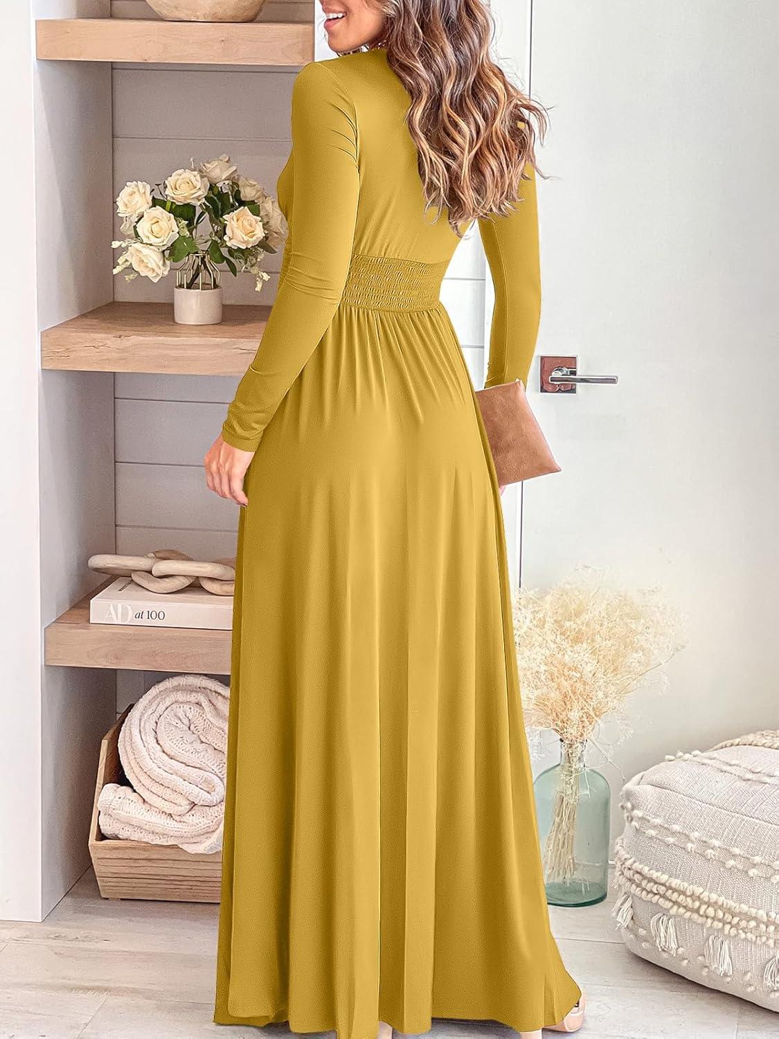 imageANRABESS Women Summer Deep V Neck Short Sleeve Dresses Slit Elegant Wedding Guest Formal Cocktail Evening Maxi Long DressZlong Sleeve Yellow