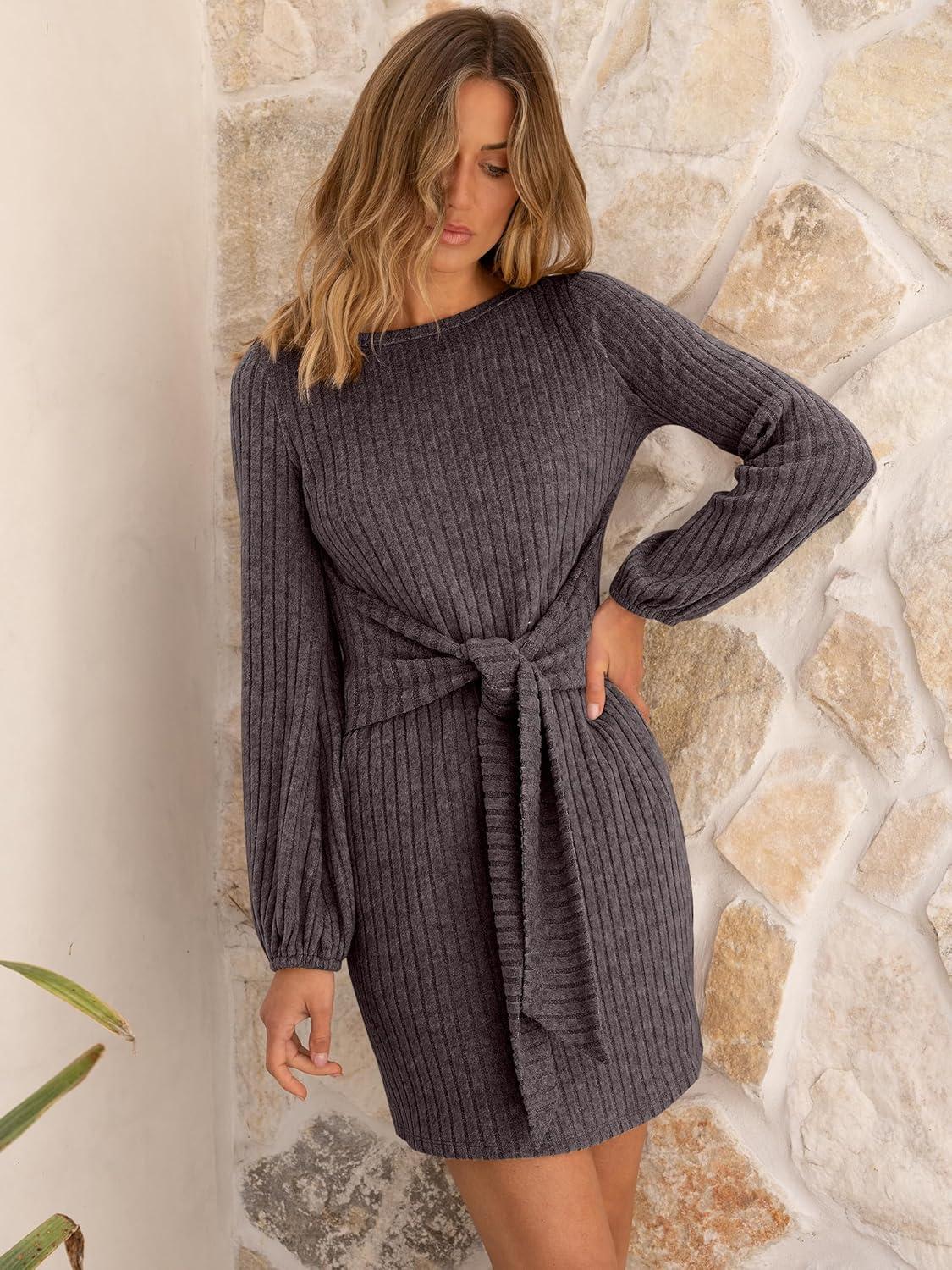 imageANRABESS Womens 2025 Fall Dress Long Lantern Sleeve Ribbed Knit Casual Tie Waist Lightweight Mini Sweater DressChocolate Brown