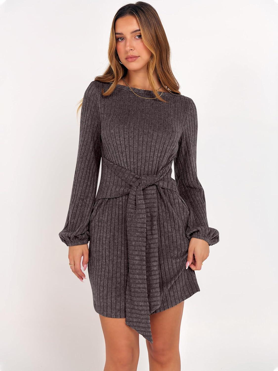 imageANRABESS Womens 2025 Fall Dress Long Lantern Sleeve Ribbed Knit Casual Tie Waist Lightweight Mini Sweater DressChocolate Brown