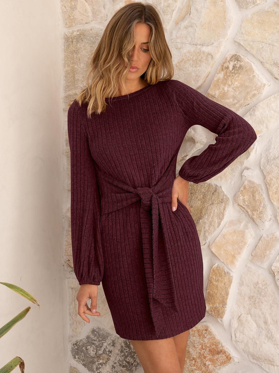 imageANRABESS Womens 2025 Fall Dress Long Lantern Sleeve Ribbed Knit Casual Tie Waist Lightweight Mini Sweater DressDark Burgundy