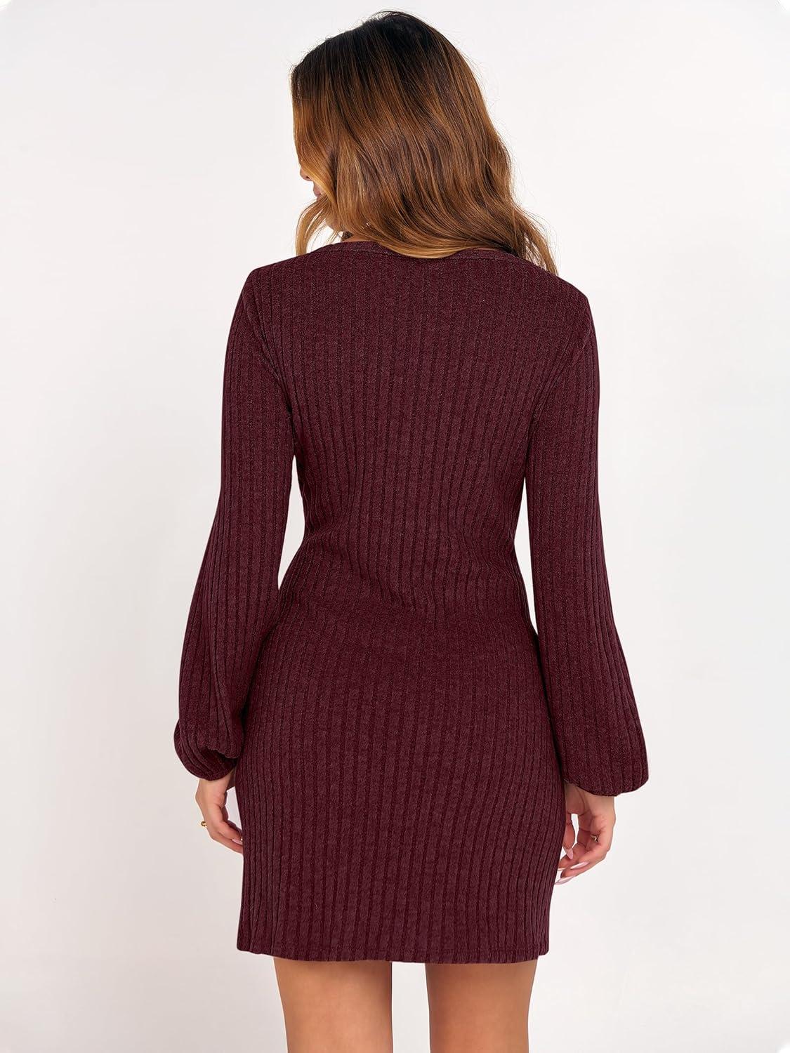imageANRABESS Womens 2025 Fall Dress Long Lantern Sleeve Ribbed Knit Casual Tie Waist Lightweight Mini Sweater DressDark Burgundy