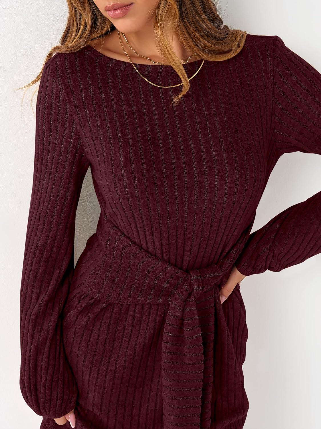 imageANRABESS Womens 2025 Fall Dress Long Lantern Sleeve Ribbed Knit Casual Tie Waist Lightweight Mini Sweater DressDark Burgundy