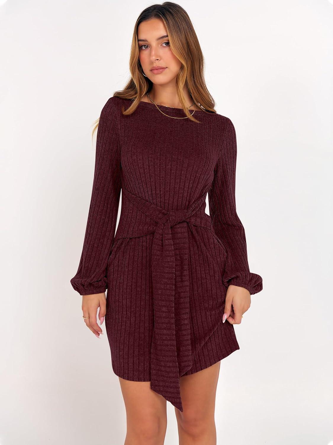 imageANRABESS Womens 2025 Fall Dress Long Lantern Sleeve Ribbed Knit Casual Tie Waist Lightweight Mini Sweater DressDark Burgundy