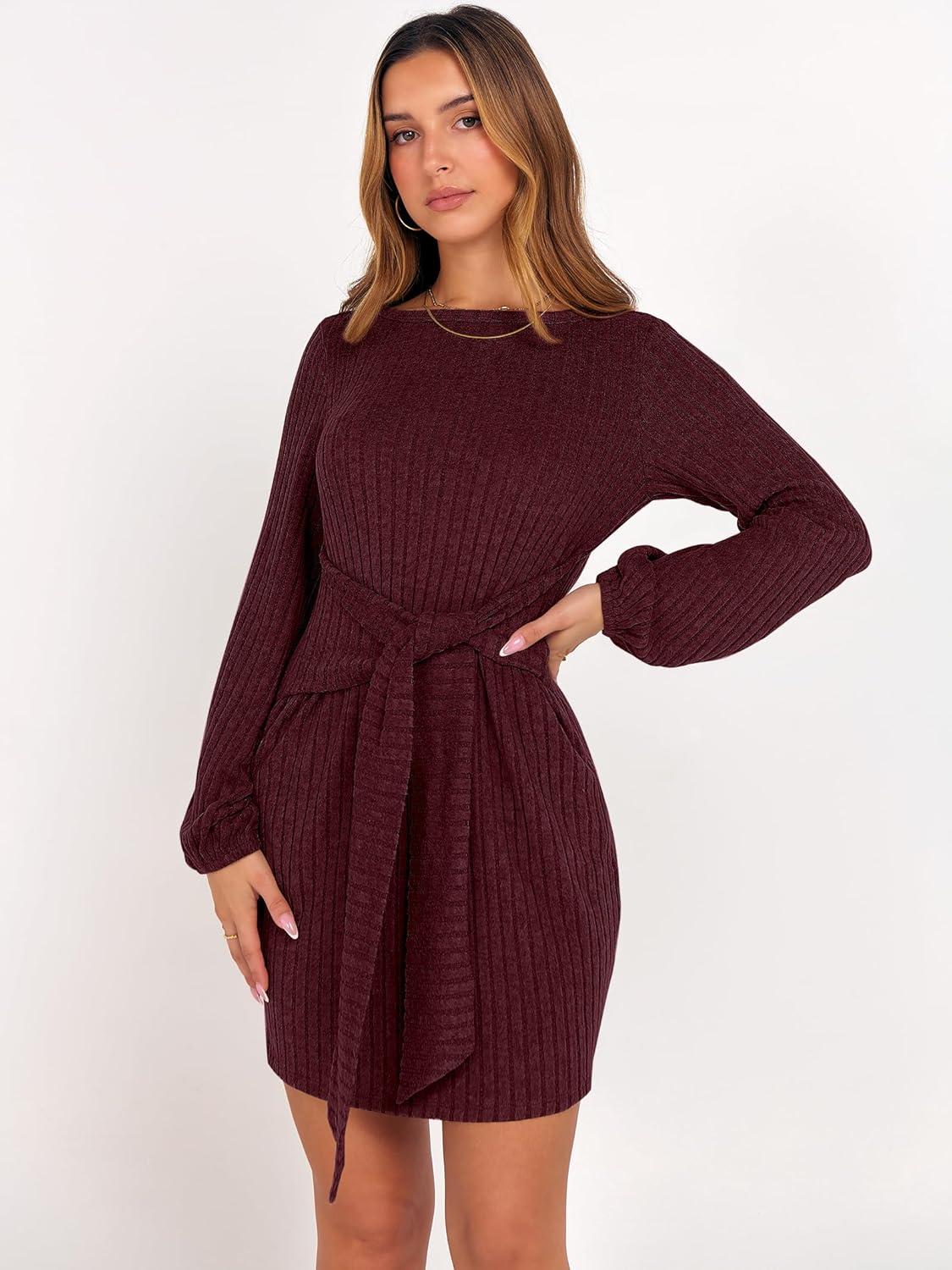 imageANRABESS Womens 2025 Fall Dress Long Lantern Sleeve Ribbed Knit Casual Tie Waist Lightweight Mini Sweater DressDark Burgundy