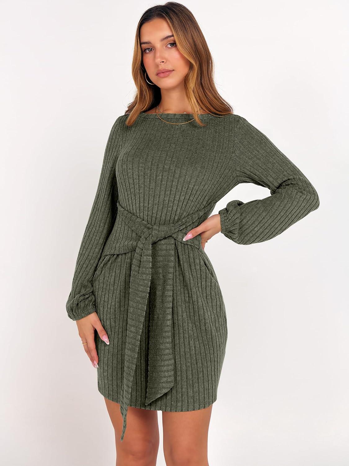 imageANRABESS Womens 2025 Fall Dress Long Lantern Sleeve Ribbed Knit Casual Tie Waist Lightweight Mini Sweater DressDeep Green