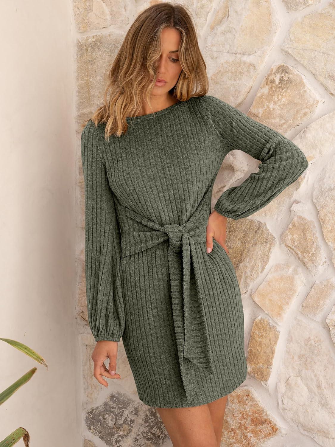 imageANRABESS Womens 2025 Fall Dress Long Lantern Sleeve Ribbed Knit Casual Tie Waist Lightweight Mini Sweater DressDeep Green
