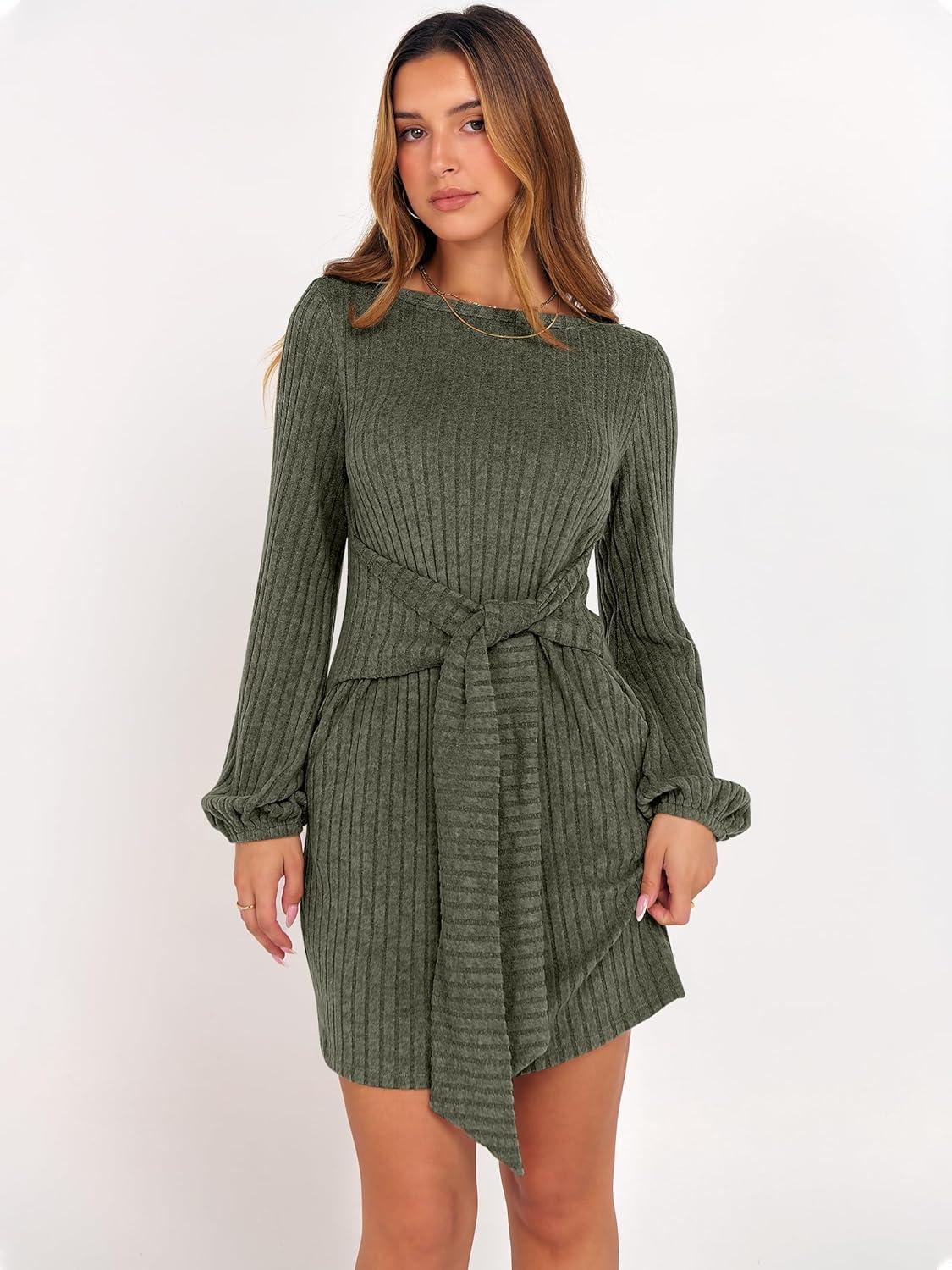 imageANRABESS Womens 2025 Fall Dress Long Lantern Sleeve Ribbed Knit Casual Tie Waist Lightweight Mini Sweater DressDeep Green