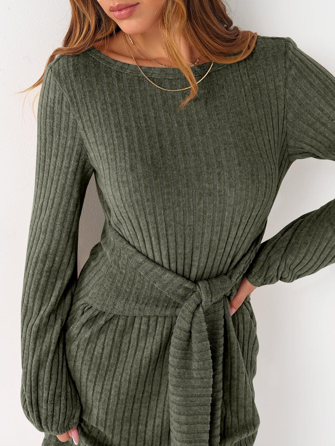 imageANRABESS Womens 2025 Fall Dress Long Lantern Sleeve Ribbed Knit Casual Tie Waist Lightweight Mini Sweater DressDeep Green