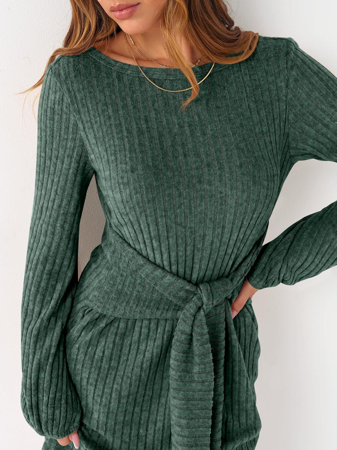 imageANRABESS Womens 2025 Fall Dress Long Lantern Sleeve Ribbed Knit Casual Tie Waist Lightweight Mini Sweater DressGreen