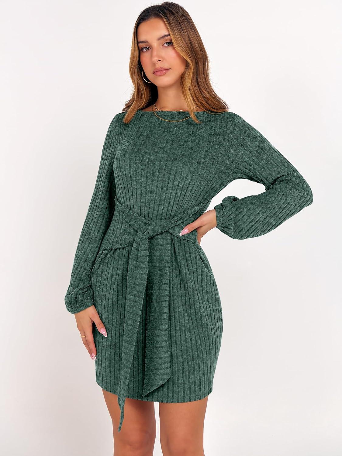 imageANRABESS Womens 2025 Fall Dress Long Lantern Sleeve Ribbed Knit Casual Tie Waist Lightweight Mini Sweater DressGreen
