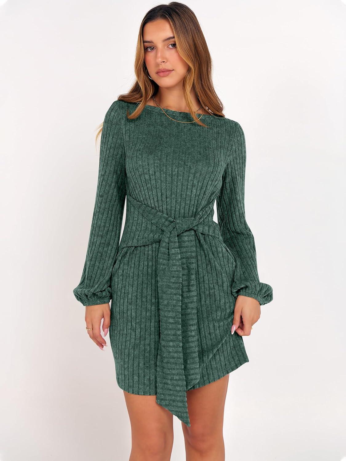 imageANRABESS Womens 2025 Fall Dress Long Lantern Sleeve Ribbed Knit Casual Tie Waist Lightweight Mini Sweater DressGreen