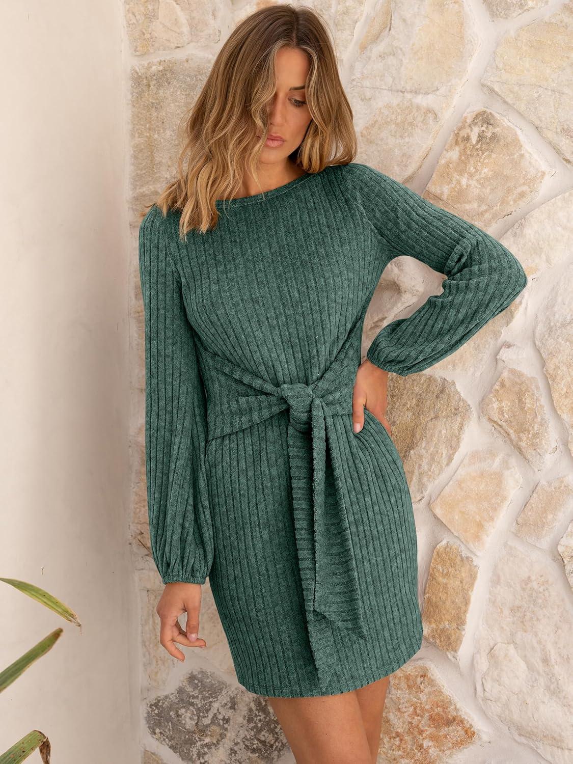 imageANRABESS Womens 2025 Fall Dress Long Lantern Sleeve Ribbed Knit Casual Tie Waist Lightweight Mini Sweater DressGreen