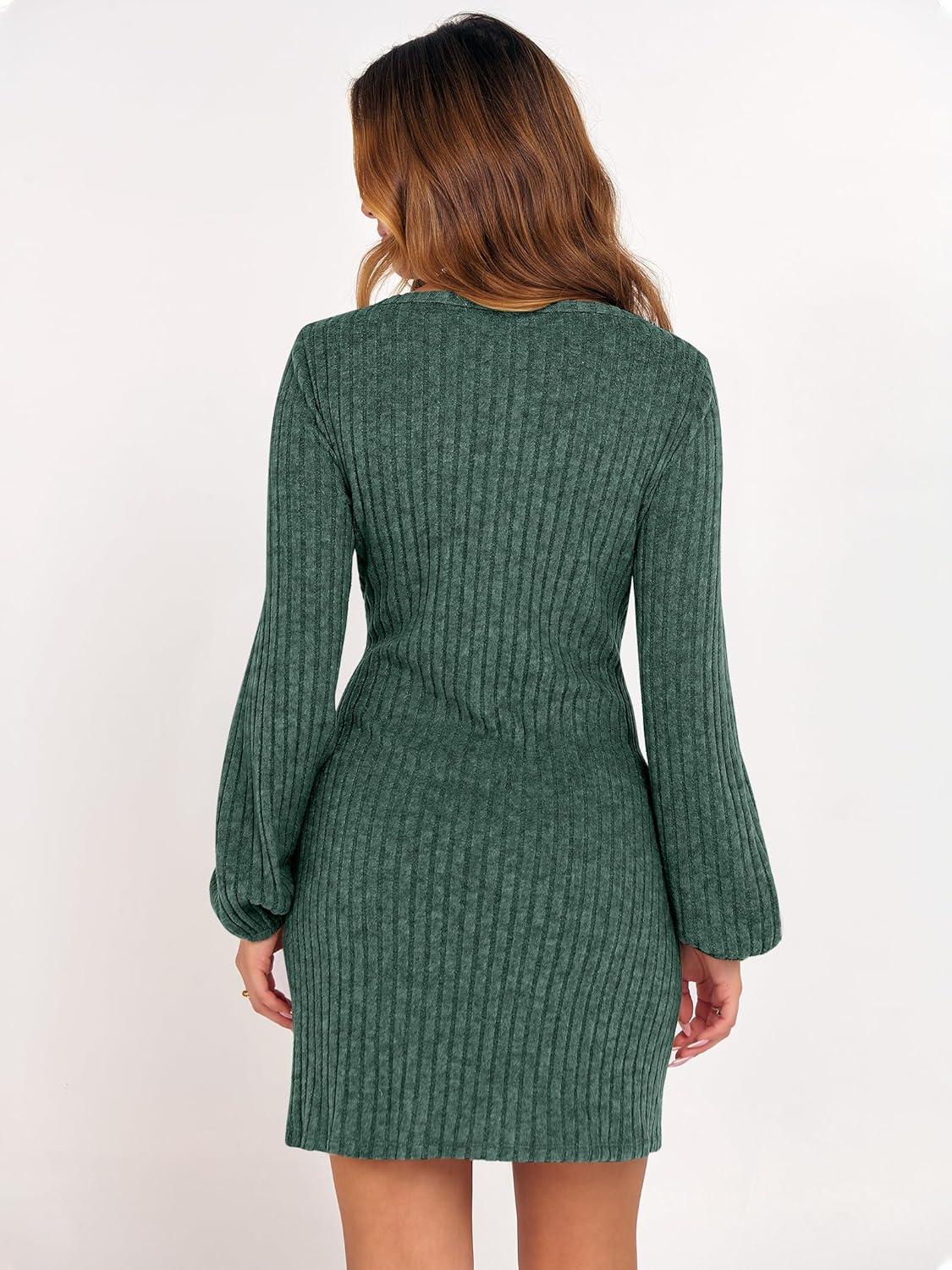 imageANRABESS Womens 2025 Fall Dress Long Lantern Sleeve Ribbed Knit Casual Tie Waist Lightweight Mini Sweater DressGreen
