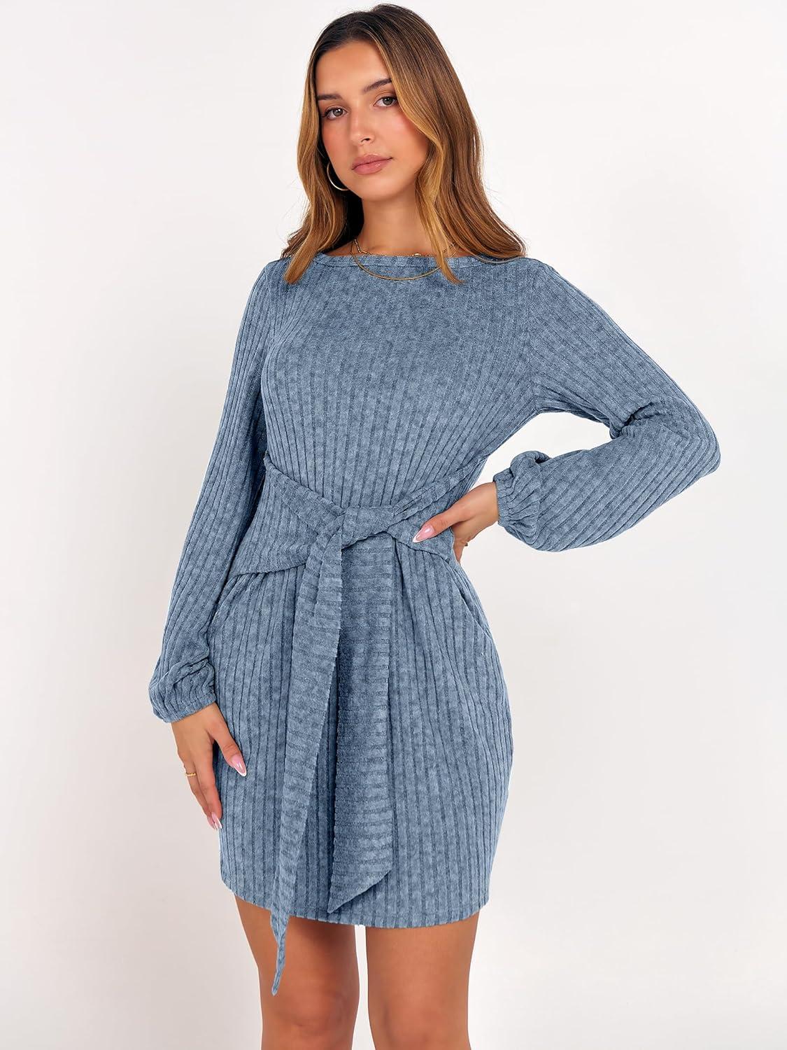 imageANRABESS Womens 2025 Fall Dress Long Lantern Sleeve Ribbed Knit Casual Tie Waist Lightweight Mini Sweater DressGrey Blue
