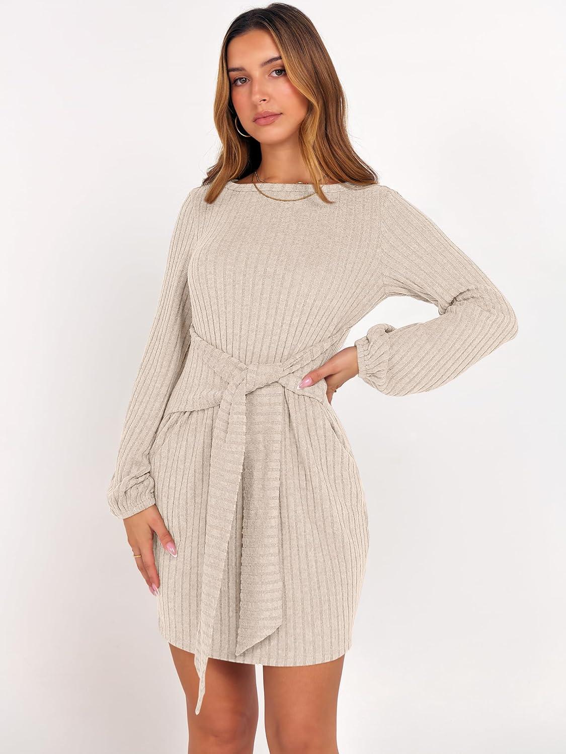 imageANRABESS Womens 2025 Fall Dress Long Lantern Sleeve Ribbed Knit Casual Tie Waist Lightweight Mini Sweater DressLight Khaki