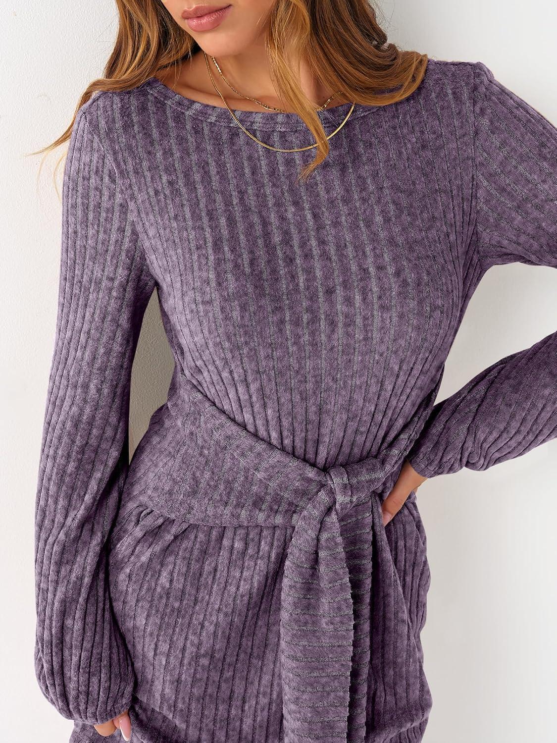 imageANRABESS Womens 2025 Fall Dress Long Lantern Sleeve Ribbed Knit Casual Tie Waist Lightweight Mini Sweater DressPurple