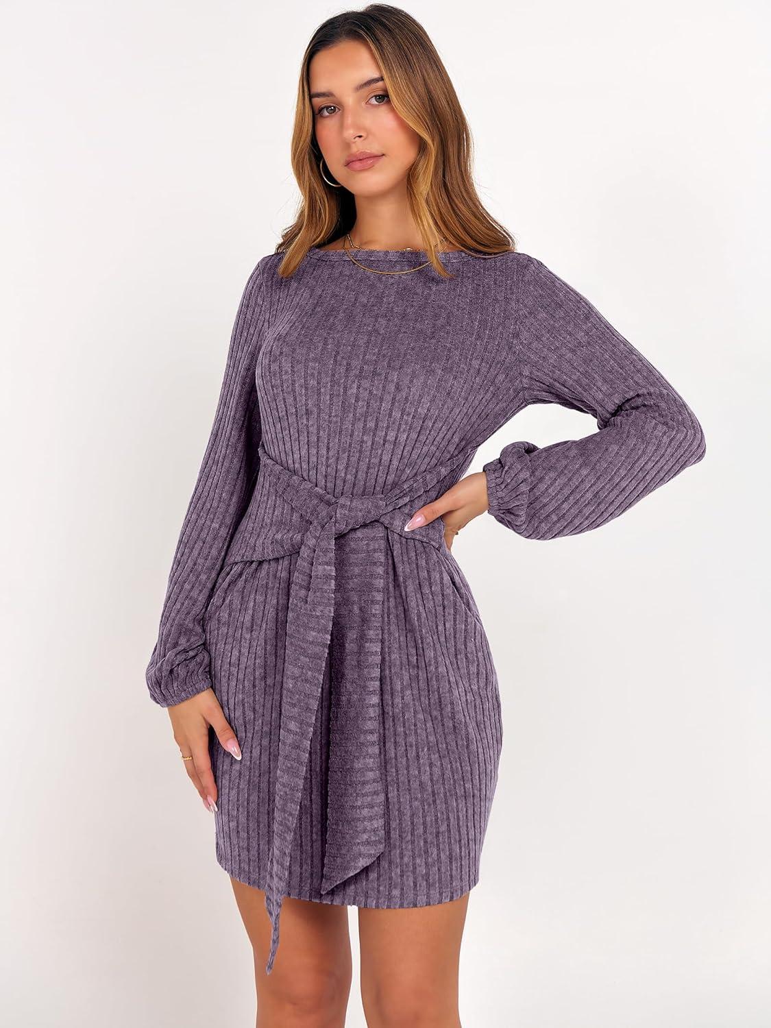 imageANRABESS Womens 2025 Fall Dress Long Lantern Sleeve Ribbed Knit Casual Tie Waist Lightweight Mini Sweater DressPurple