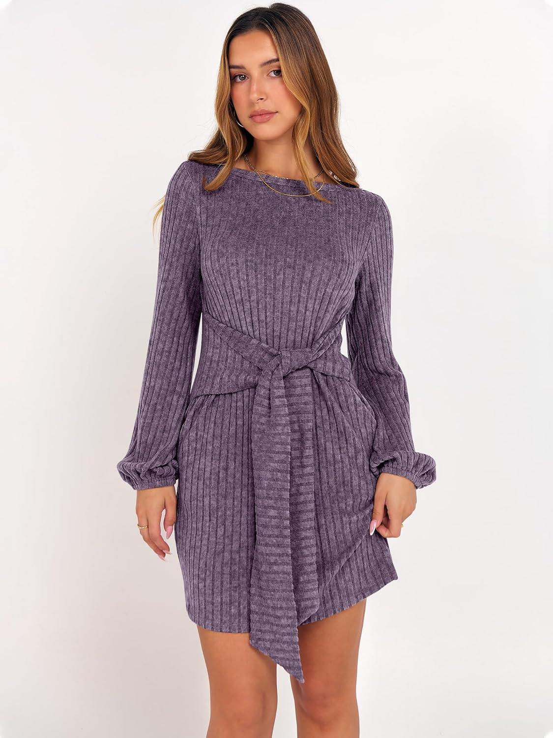 imageANRABESS Womens 2025 Fall Dress Long Lantern Sleeve Ribbed Knit Casual Tie Waist Lightweight Mini Sweater DressPurple