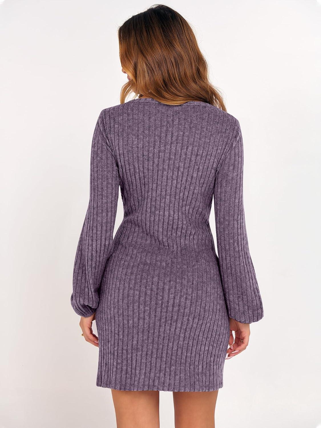 imageANRABESS Womens 2025 Fall Dress Long Lantern Sleeve Ribbed Knit Casual Tie Waist Lightweight Mini Sweater DressPurple