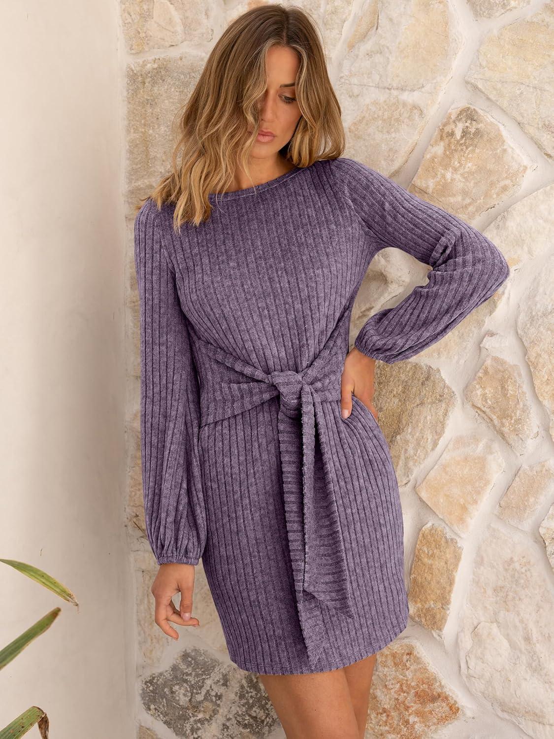imageANRABESS Womens 2025 Fall Dress Long Lantern Sleeve Ribbed Knit Casual Tie Waist Lightweight Mini Sweater DressPurple