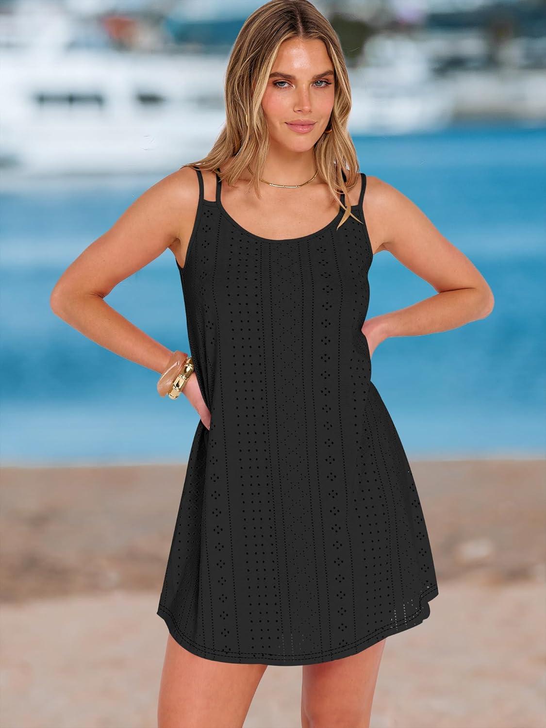 imageANRABESS Womens Cover Up 2026 Beach Vacation Tank Dress Eyelet Spaghetti Strap Bathing Suit Summer Swimsuits Mini SundressBlack