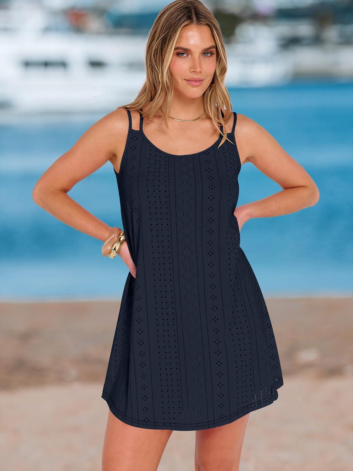 imageANRABESS Womens Cover Up 2026 Beach Vacation Tank Dress Eyelet Spaghetti Strap Bathing Suit Summer Swimsuits Mini SundressNavy Blue