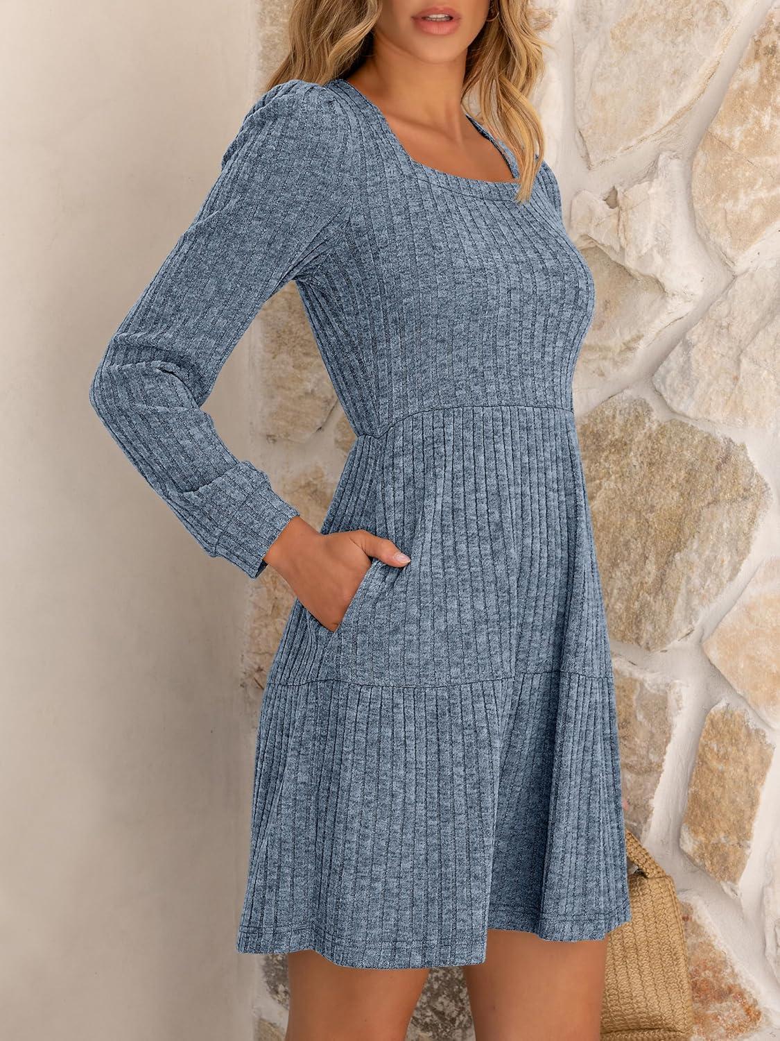 imageANRABESS Womens Long Sleeve Fall Dress 2025 Square Neck Casual Ribbed Knit Comfy Soft Short Sweater Dresses with PocketsBlue