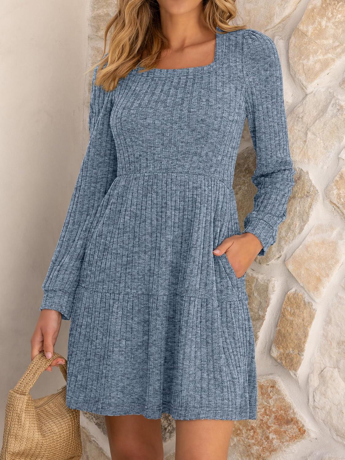 imageANRABESS Womens Long Sleeve Fall Dress 2025 Square Neck Casual Ribbed Knit Comfy Soft Short Sweater Dresses with PocketsBlue