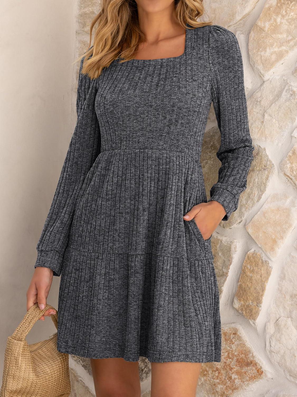imageANRABESS Womens Long Sleeve Fall Dress 2025 Square Neck Casual Ribbed Knit Comfy Soft Short Sweater Dresses with PocketsDeep Grey
