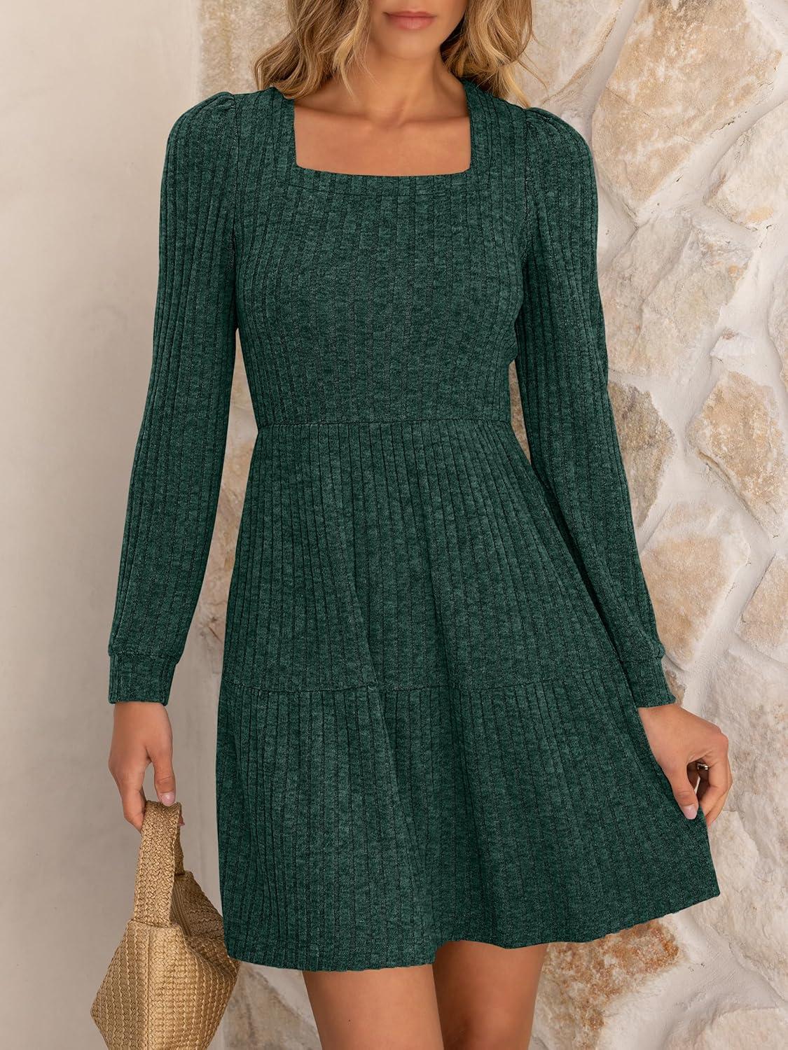 imageANRABESS Womens Long Sleeve Fall Dress 2025 Square Neck Casual Ribbed Knit Comfy Soft Short Sweater Dresses with PocketsGreen