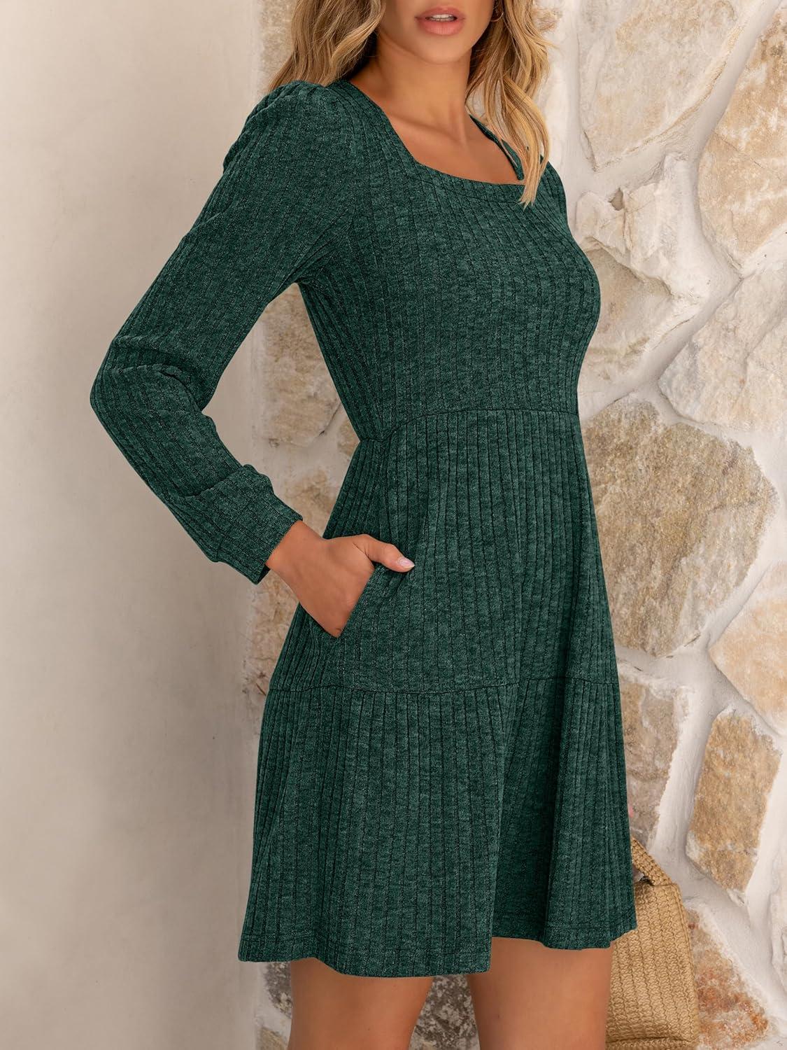 imageANRABESS Womens Long Sleeve Fall Dress 2025 Square Neck Casual Ribbed Knit Comfy Soft Short Sweater Dresses with PocketsGreen