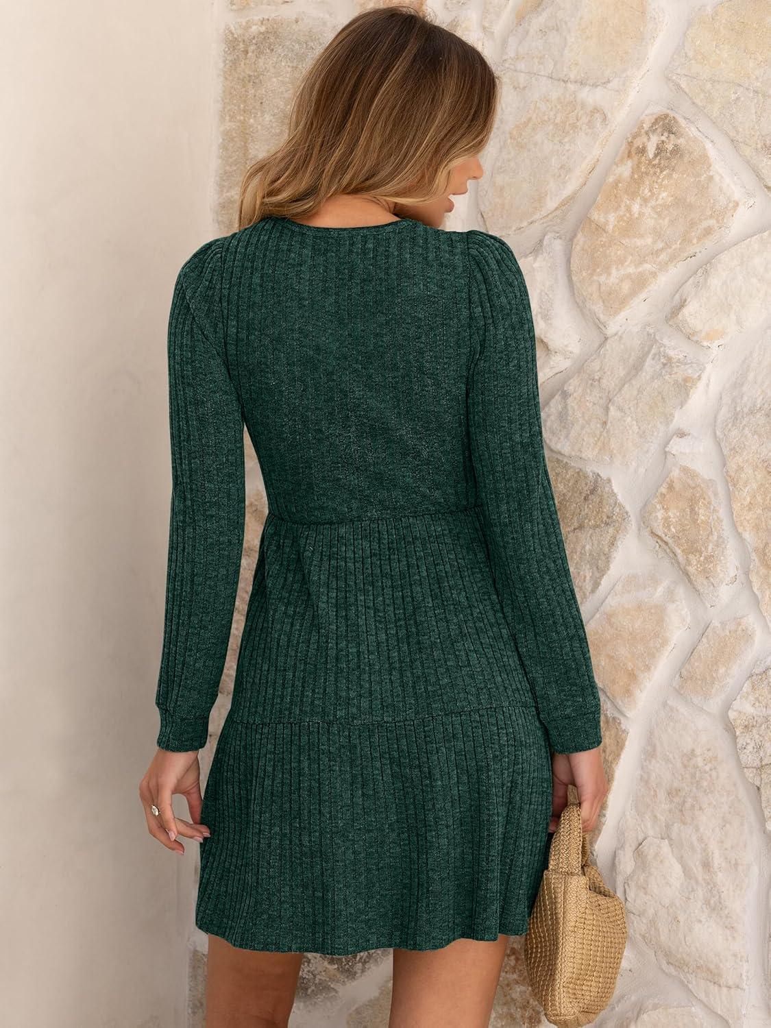imageANRABESS Womens Long Sleeve Fall Dress 2025 Square Neck Casual Ribbed Knit Comfy Soft Short Sweater Dresses with PocketsGreen